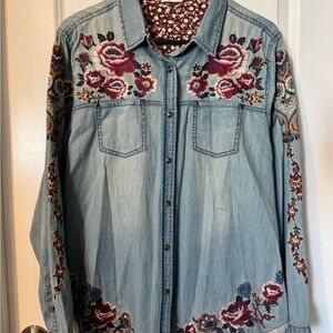 Embroidered Denim Shirt with Floral Design